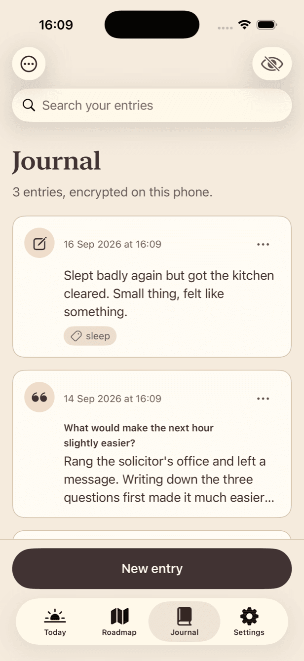Journal: encrypted on the phone, searched on the phone.
