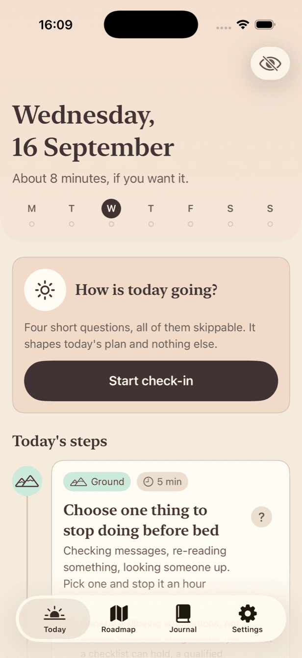 The Today screen: the date, a week ribbon, and two steps for the day.